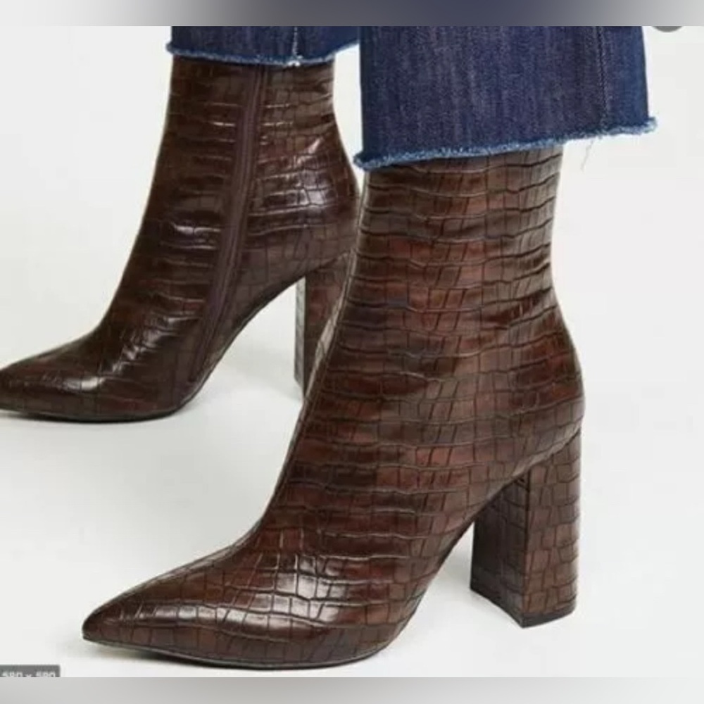 Free People Cecile Brown Croc Embossed Block Heel Leather Bootie sz 38 NWB
